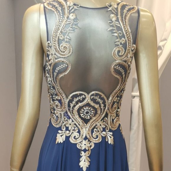 Size 6 navy/gold chiffon + embroidery formal/prom gown - Picture 4 of 5